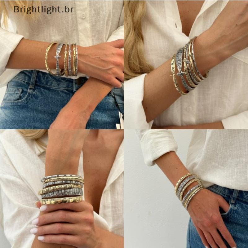 [brightlight.br] 3/6 Unidades Pulseira De Metal Vintage Feminina Estilo Étnico Padrão De Peixe Símbolo Acessórios De Fes