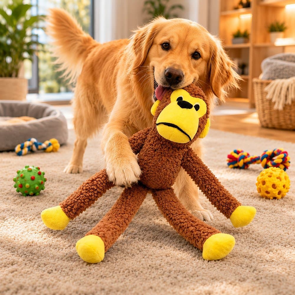 Macaco de Pelúcia Brinquedo de Cachorro Mordedor Interativo Pet c/ Apito Som Bichinho Grande Bordado
