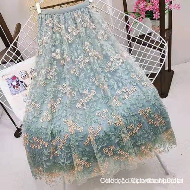 Saia Midi Feminina com Bordado Floral Estilo Coreano Cintura Alta Saia Longa Plissada de Tule Modelo A para M HFC8 FDXB
