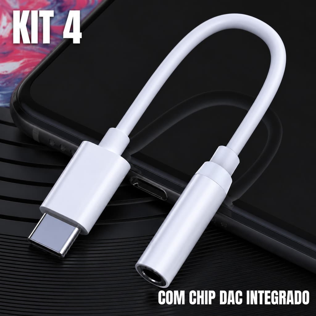 Kit 4 Adaptadores USB-C para P2 3,5mm | Conversor de Áudio Hi-Fi com Chip DAC Integrado para Android