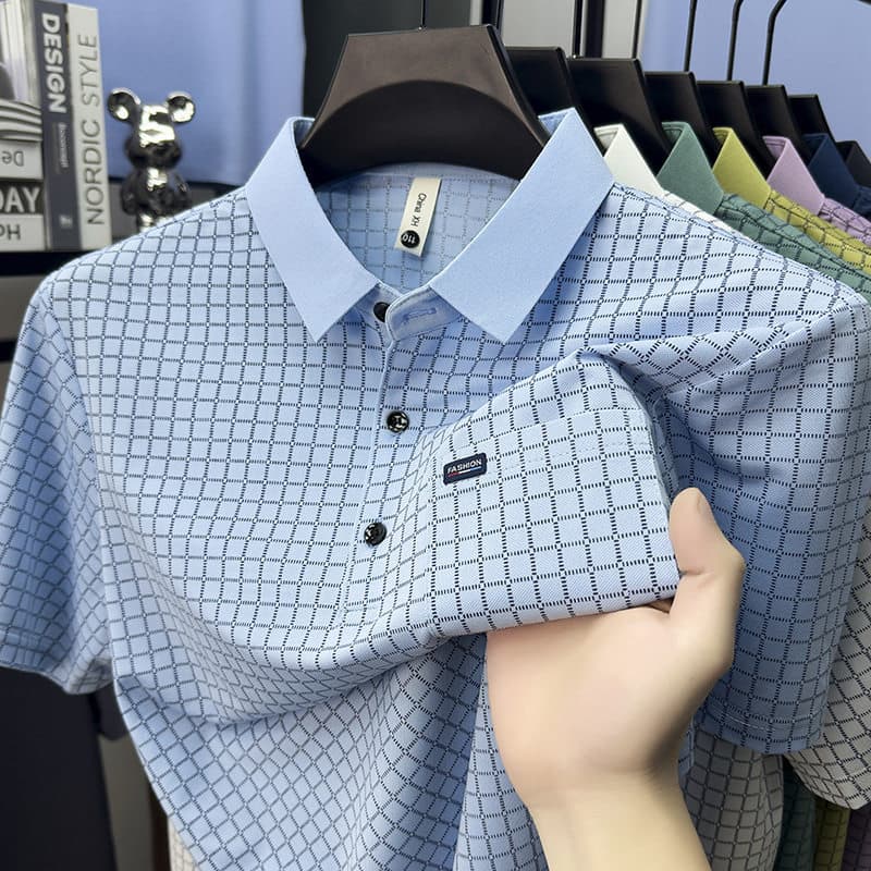Yunfeihui Camisa Polo masculina de manga curta com lapela de verão respirável xadrez de seda gelada camiseta de manga cu