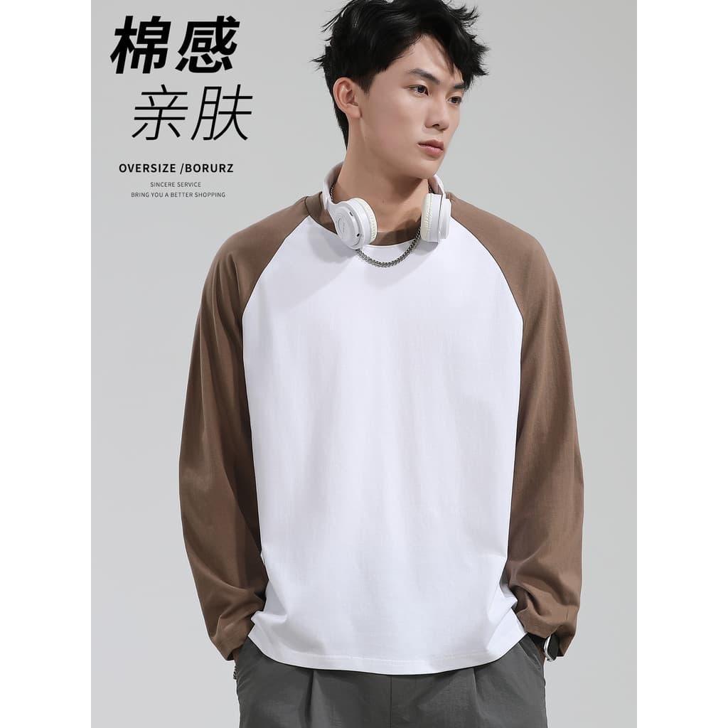Outono pesado Raglan manga comprida camiseta masculina contraste cor costura solta em torno do pescoço camisa de fundo C