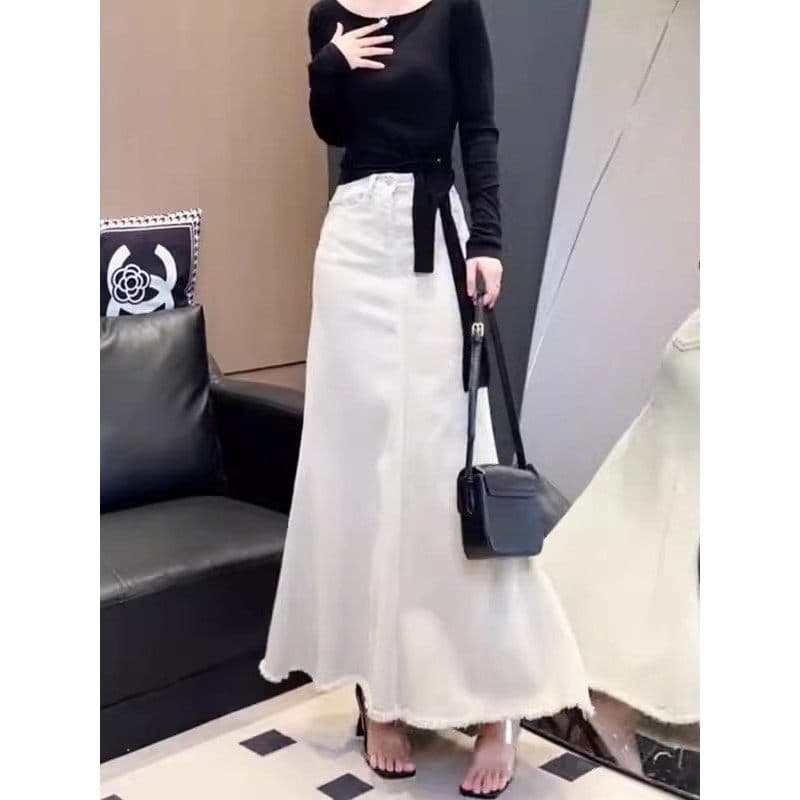 Off-White All-Match Denim saia feminina 2026 primavera outono cintura alta mais magro olhar borda crua estilo longo Hip