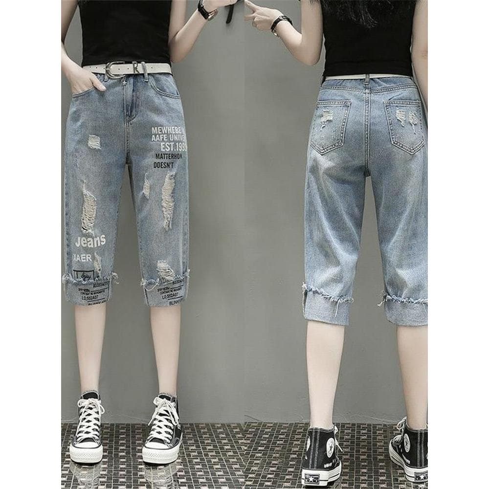 Calças médias soltas femininas All-Match verão Plus Size roupas femininas irmã gorda moda mais magro olhar rasgado impre