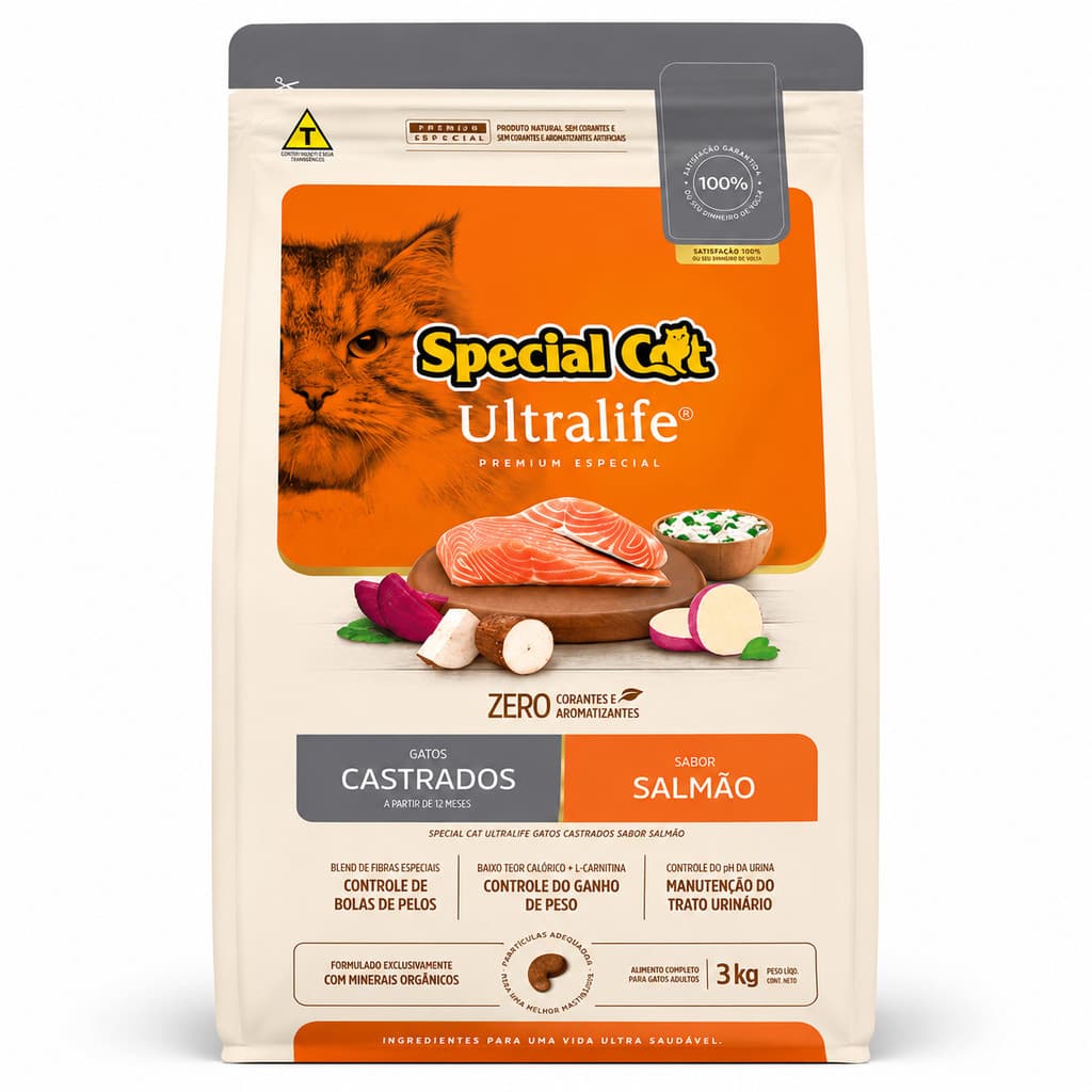 Special Cat Ultralife Castrado Salmão 3kg Ração Gato Controle de Peso Bola de Pelo