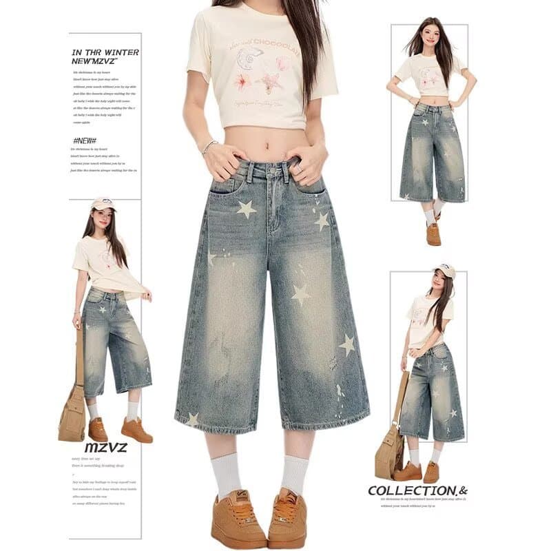 American Star Denim Shorts Mulheres Calças de Perna Larga Retro Solta Calças Cortadas Homens