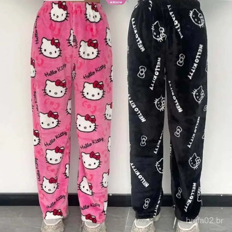 Calças de Pijama Hellokitty Y2K Anime Cartoon Kawaii Moda Casual Quente de Flanela de Lã para Outono Inverno Adultos PS2