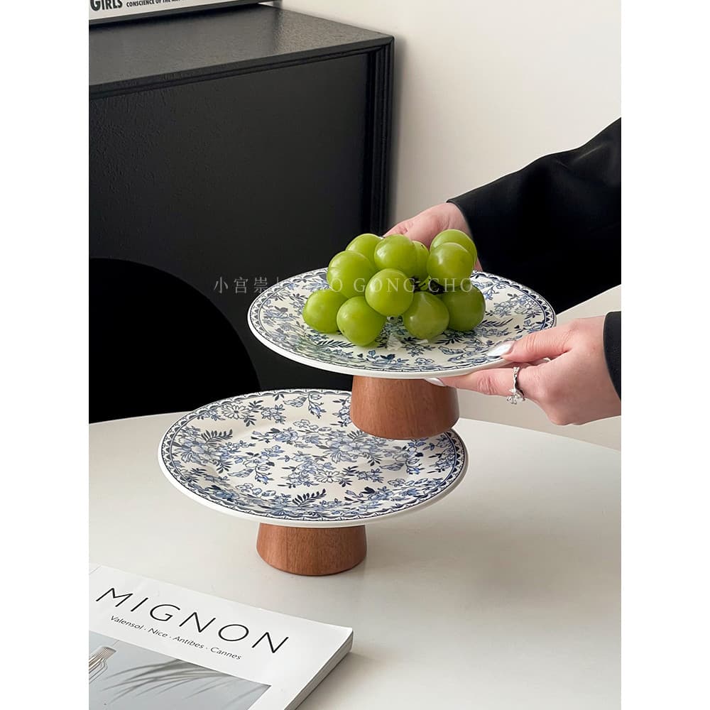 Chinês Retro azul branco porcelana prato de frutas de pé alto alto alto valor doméstico prato de frutas secas tarde refr