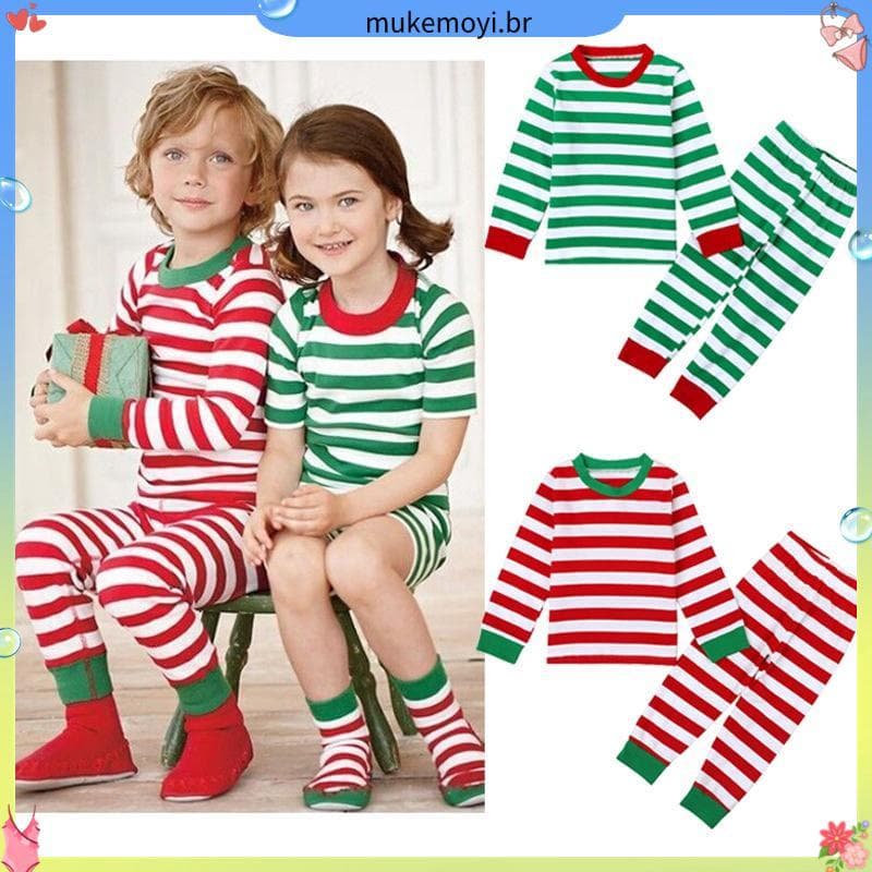 Meninas E # 39 ; Conjunto De Pijama Listrado De Natal Com Calças/Eu Inclui Roupas Para Pai/Mãe