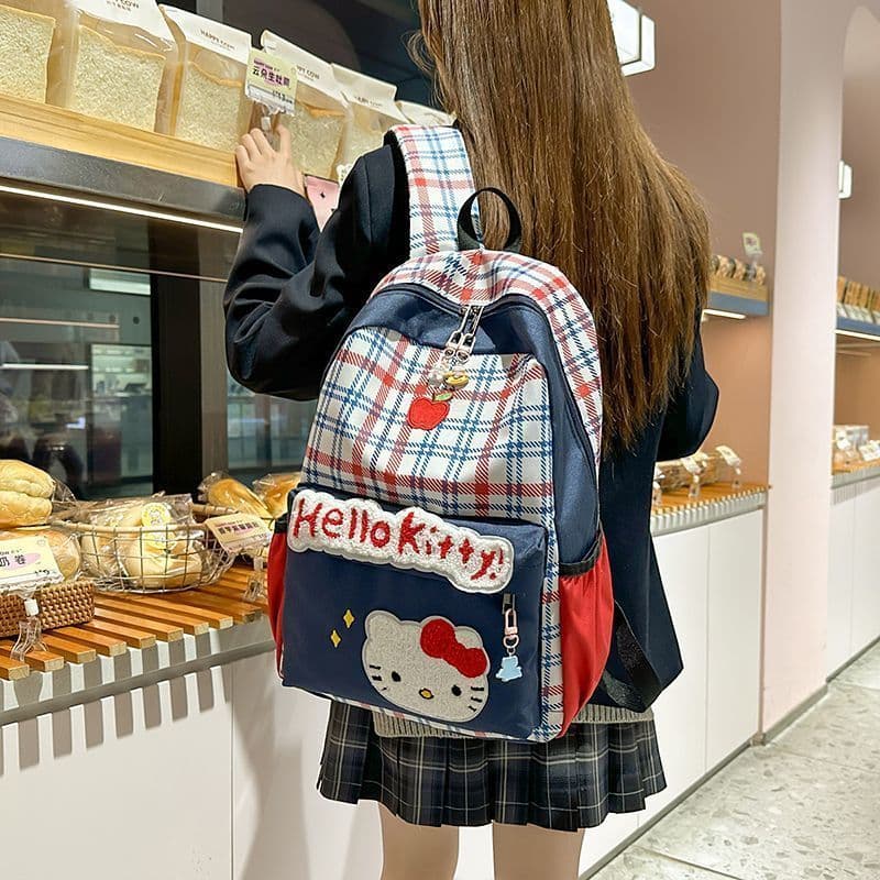 Americano Retro vermelho xadrez gato osso estrela lona Millennium y2k grande capacidade mochila estudante saco de escola