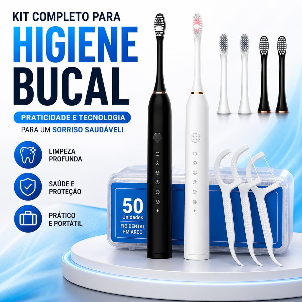 Kit Escova de Dente Elétrica Recarregável + 50 Fios Dentais Arco Limpeza Completa 4 Refis 6 Modos Kit ou Un