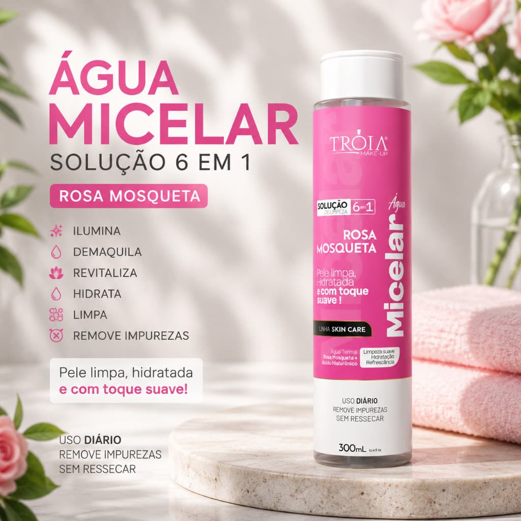 Água Micelar Rosa Mosqueta 6 Em 1 Demaquilante 300ml - Tróia Make Up