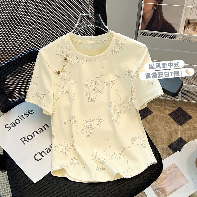 Tamanho grande novo estilo chinês disco botão de manga curta camiseta feminina verão 2025 novo feminino solto mais magro
