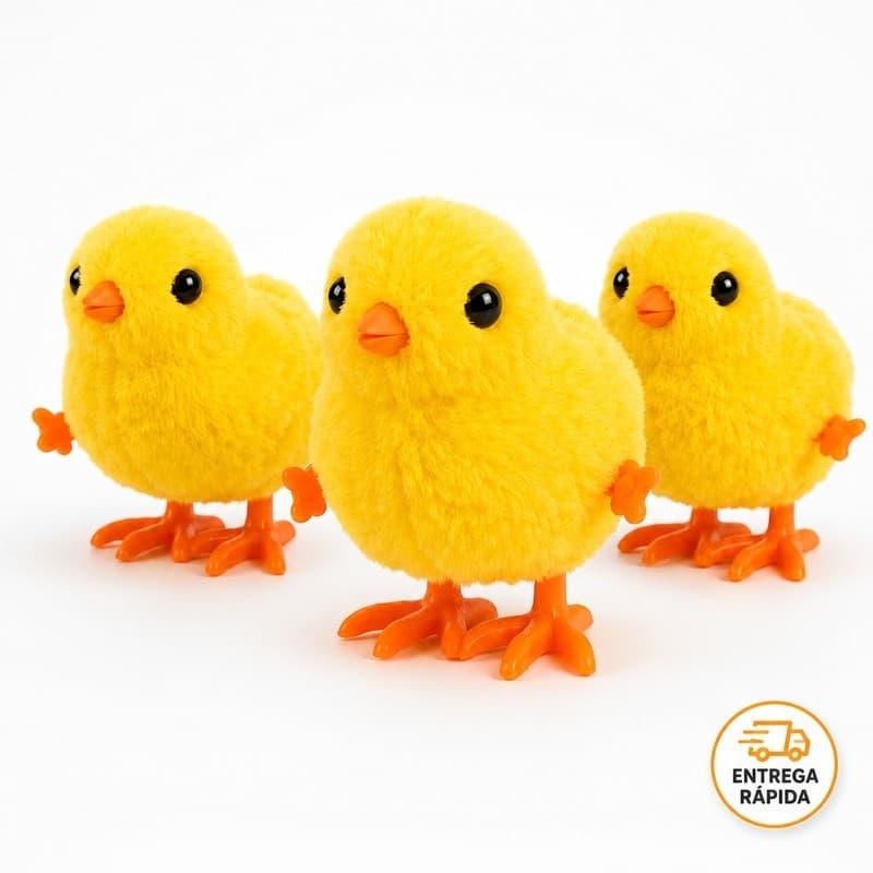 Kit 3 Pintinhos Amarelinhos de Pelúcia a Corda Anda Pula e Cisca Brinquedo Infantil