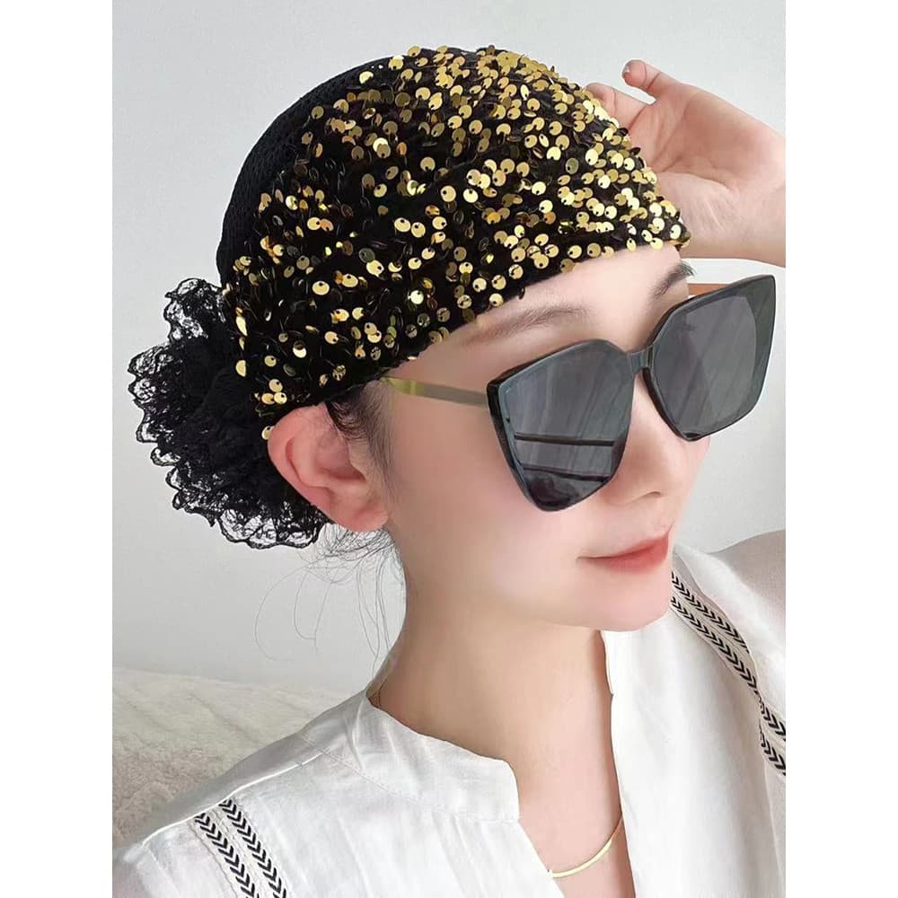Boné de cabeça de lantejoulas estilo ocidental 2025 novo estilo primavera verão cabeça de cabelo enrolado flor lenço bon