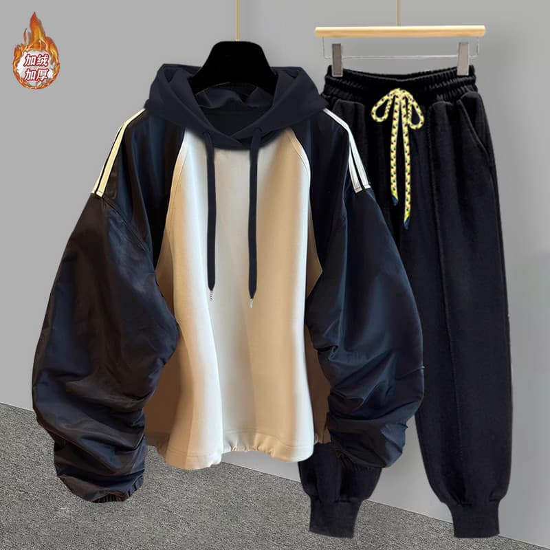 W inverno forro de lã engrossado moletom com capuz conjunto versão coreana na moda Casual solto mais magro olhar quente