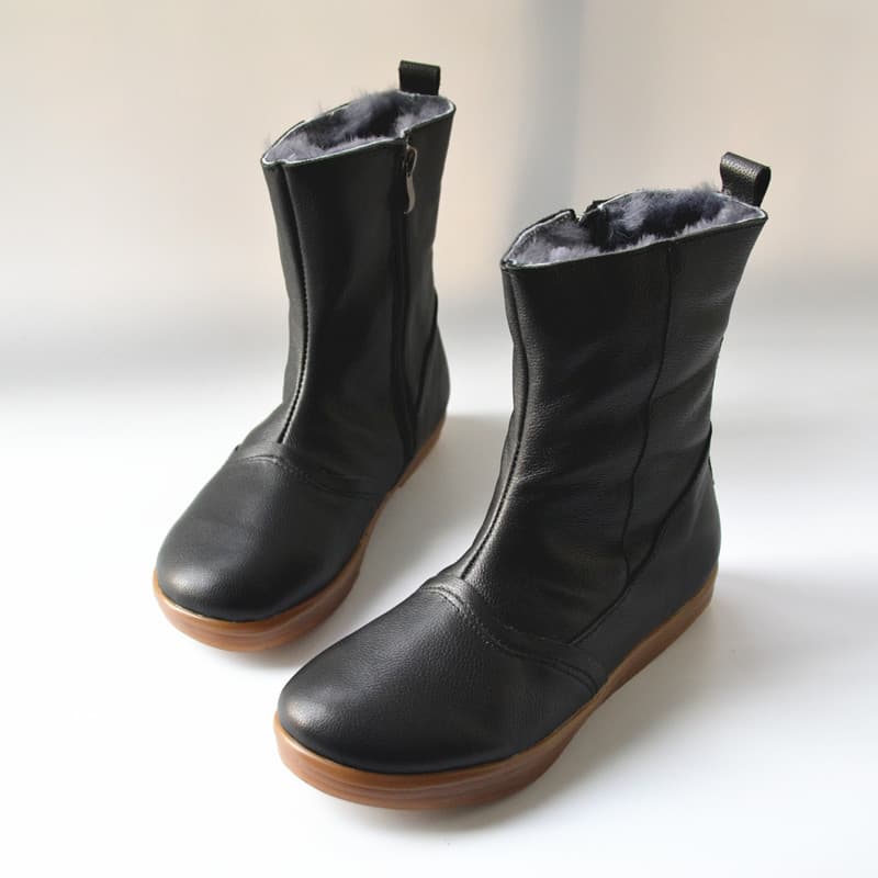 Botas de cano médio de couro genuíno de camada dupla macia feminino estilo Mori arte retrô sapatos femininos de pele de