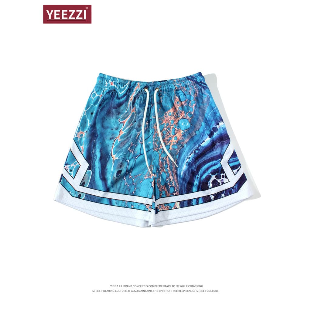 Padrão de água de chama azul 丨 Novo estilo 3D Shorts com estampa completa Calças esportivas masculinas Calças de basquet