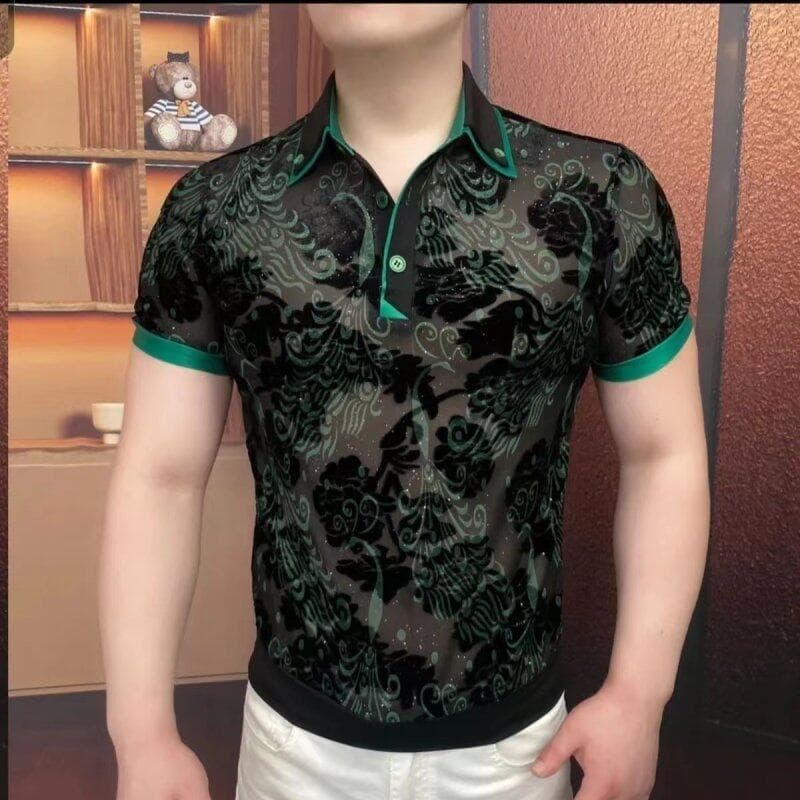 Produtos europeus de manga curta camiseta de seda gelo masculina High-End luz luxo Street Wear camisa POLO negócios Casu