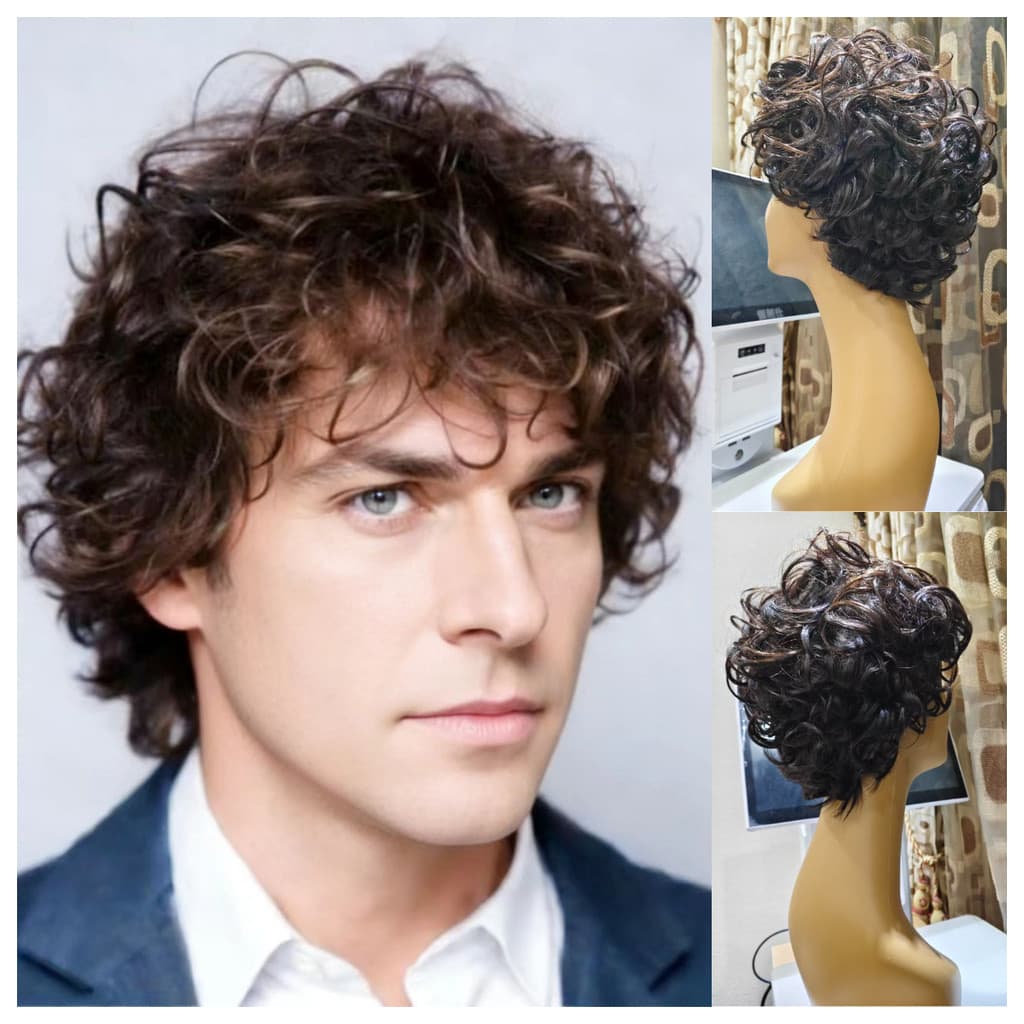 Peruca Masculina Curta Cacheada com Franja, Castanho Escuro, TT12