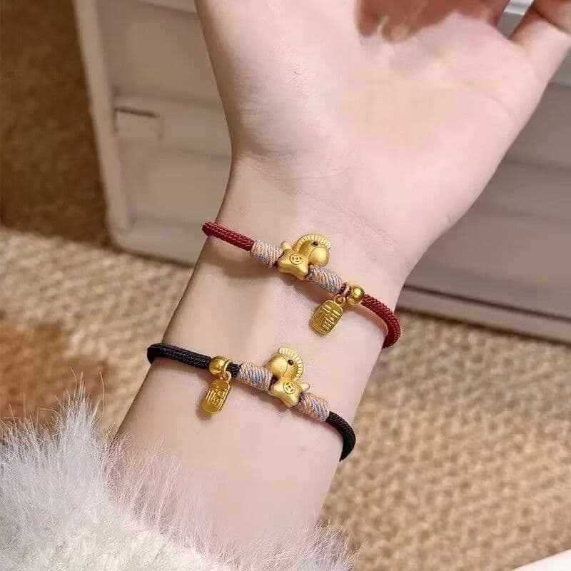 Pulseira de Pônei Dourado da Sorte Instantânea, Ano do Cavalo, Ano do Zodíaco, Pulseira de Corda Vermelha Trançada, Pres