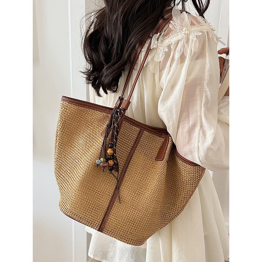 Retro estilo Pastoral bolsa de palha feminina 2026 verão grande capacidade moda bolsa de ombro à beira-mar férias tecido