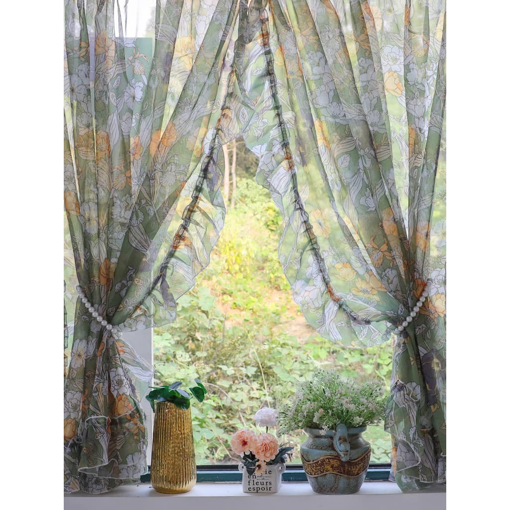 Sem perfuração francês novo estilo Retro Pastoral Floral Bay janela cortina quarto High-End quarto gaze cortina porta di