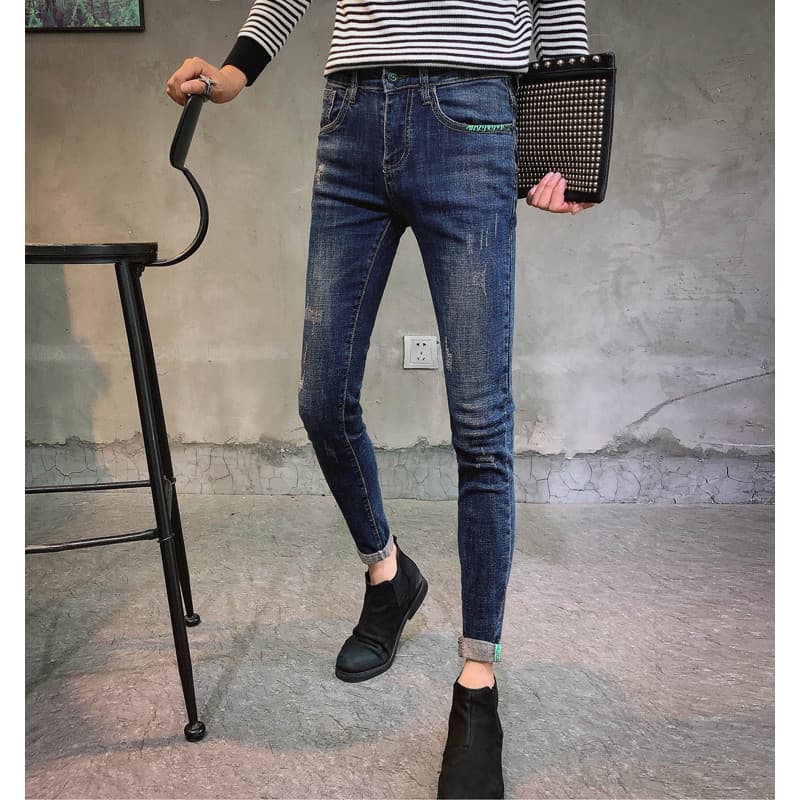 Calças masculinas 2025 novo estilo na moda Casual All-Match azul Jeans masculino estiramento fino-ajuste Street Wear cal