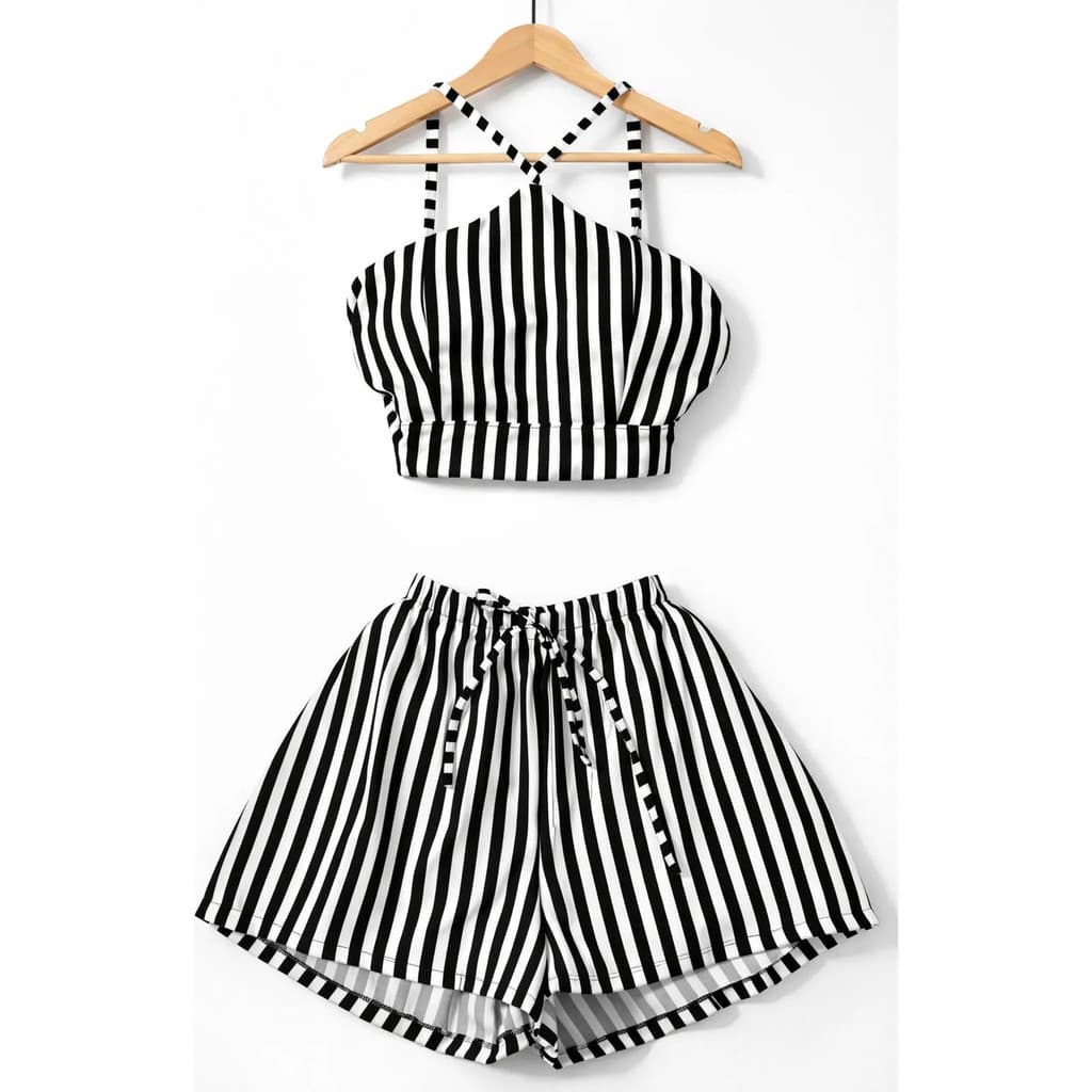 Conjunto Feminino Listrado Em Tactel Com Bojo