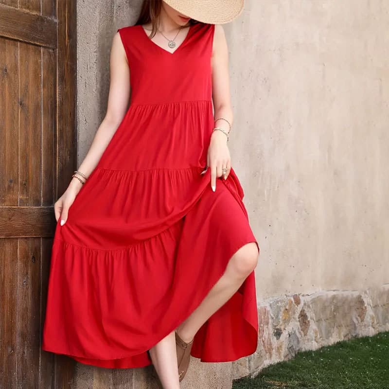 Vestido Feminino Novo Elegante para Férias, Cor Sólida, Decote em V, Barra em Camadas, Vestido Solto, Vestido em Camadas