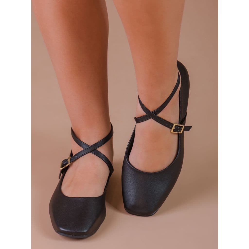 Sapatilhas Femininas Bico Quadrado Estilo Boneca Preto Marrom Branco 8869 8869