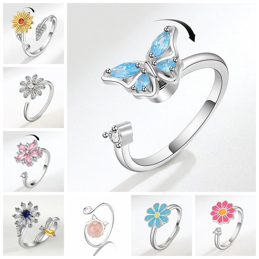 Anti Stress Ansiedade Anéis Para As Mulheres Girando Margarida Flor Do Sol Estrela Planeta Spinner De Cristal Fidget Ane