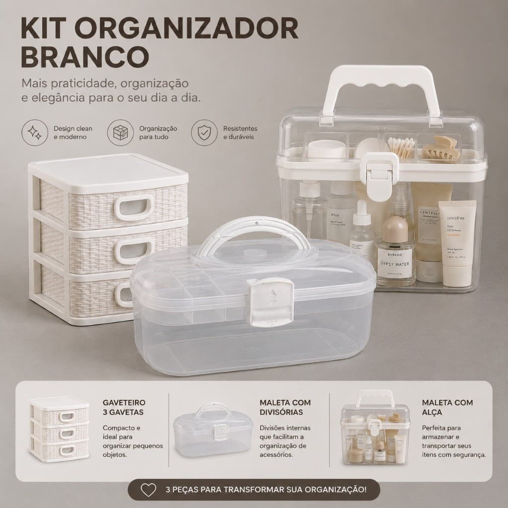 Kit Organização Branco Premium 3 Peças Organizadores Multiuso Divisórias Alça Cosméticos Acessório