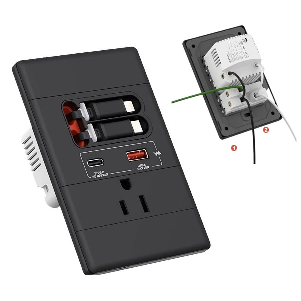 Gan PD20W Tomada De Parede USB-C Resistente À Violação 15A 125V Com Adaptador Cabo Retrátil USB-A/C