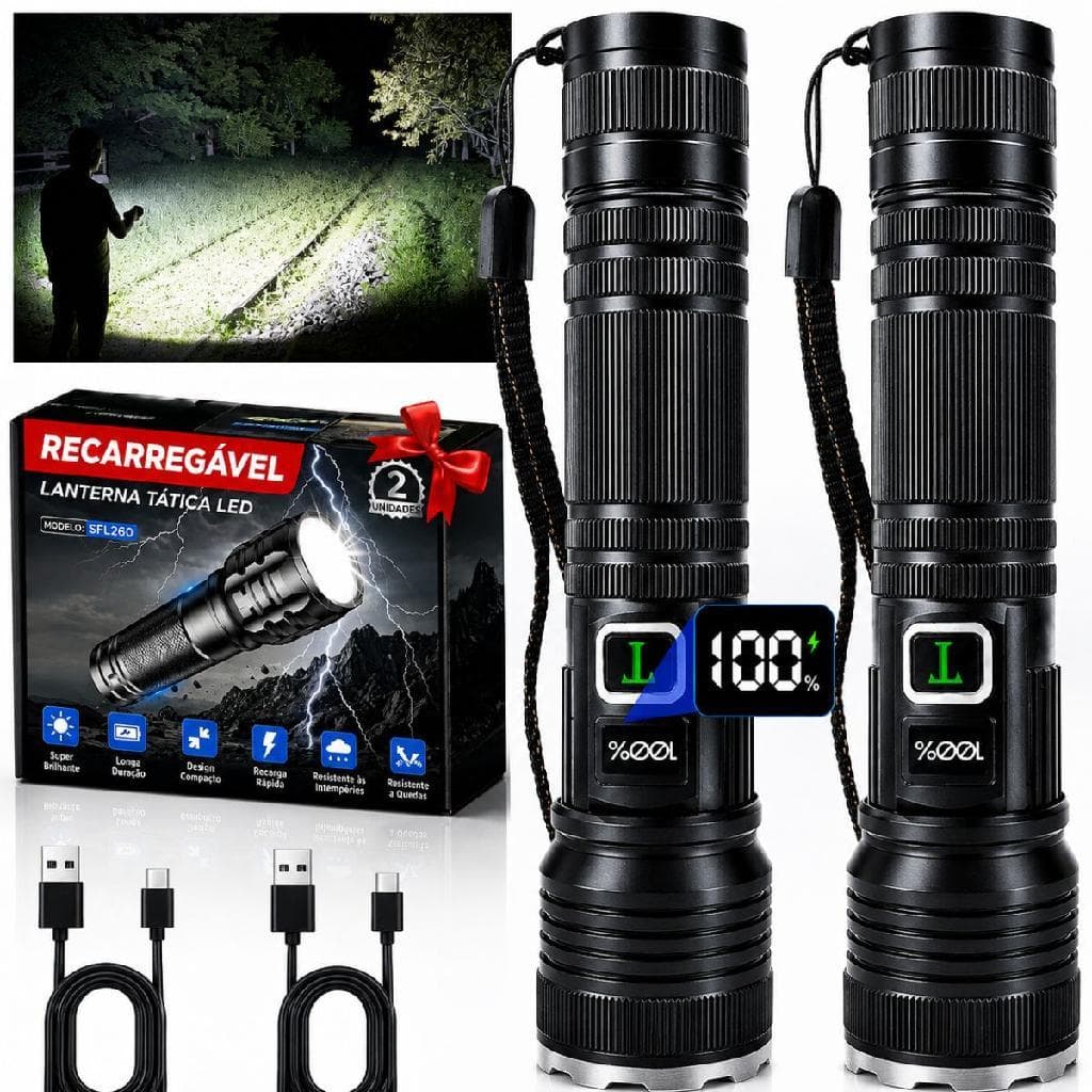 Kit 2 Lanterna Tática LED XHP50 200000 Lumens Recarregável Zoom IPX6 6800mAh Camping Caça Pesca