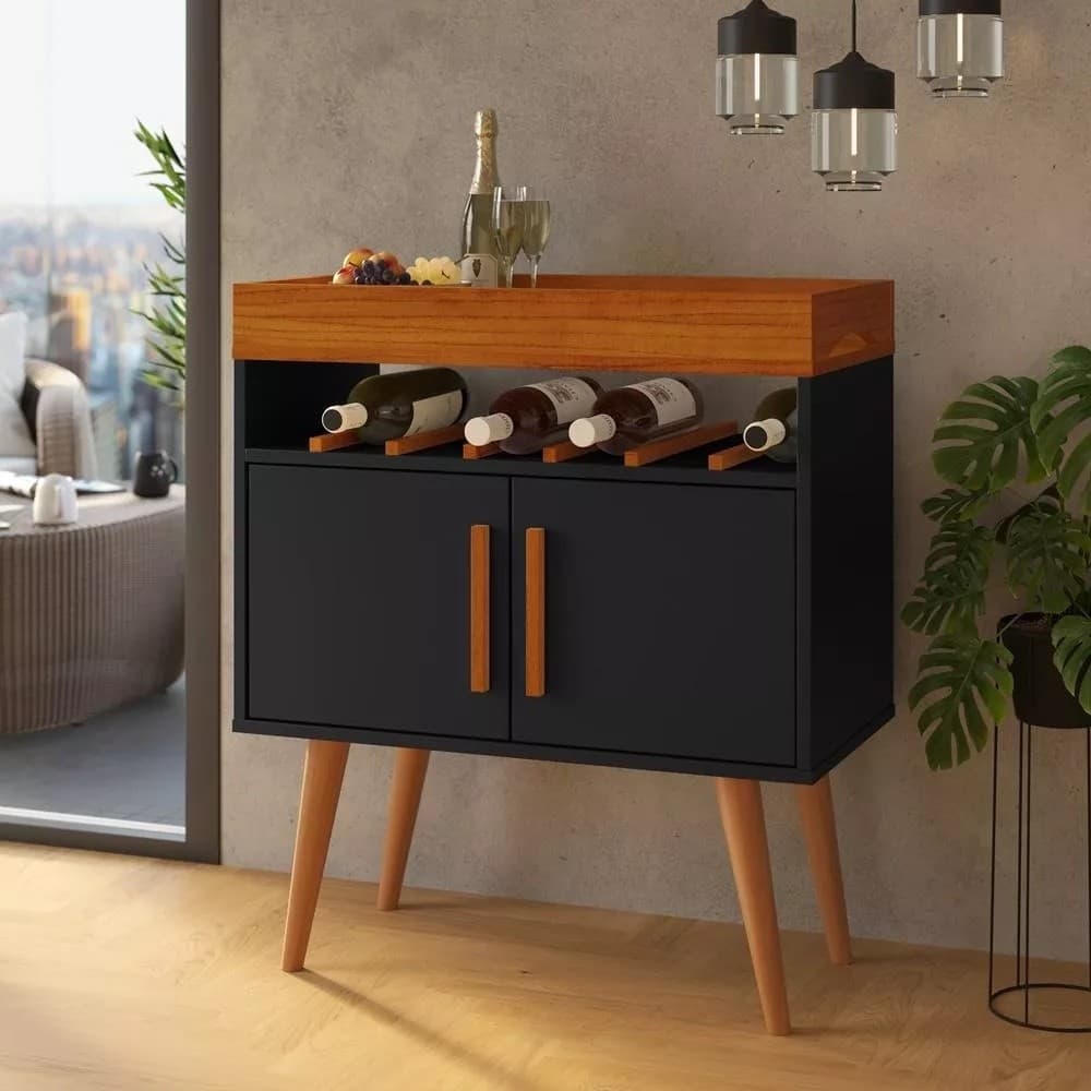 Aparador Café Bar para garrafas copos Xicaras Pés de madeira Pinus Preto-Caramelo