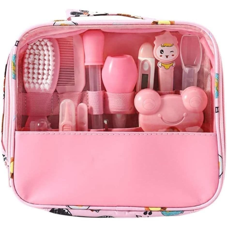 Kit Higiene Bebê 13 Peças com Bolsa Organizadora | Termômetro, Aspirador Nasal, Escova, Pente e Cortador de Unhas (ROSA)