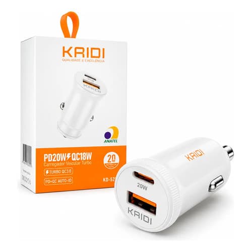 Carregador Veicular Turbo 20w Usb-c Automotivo Carro Kaidi Branco