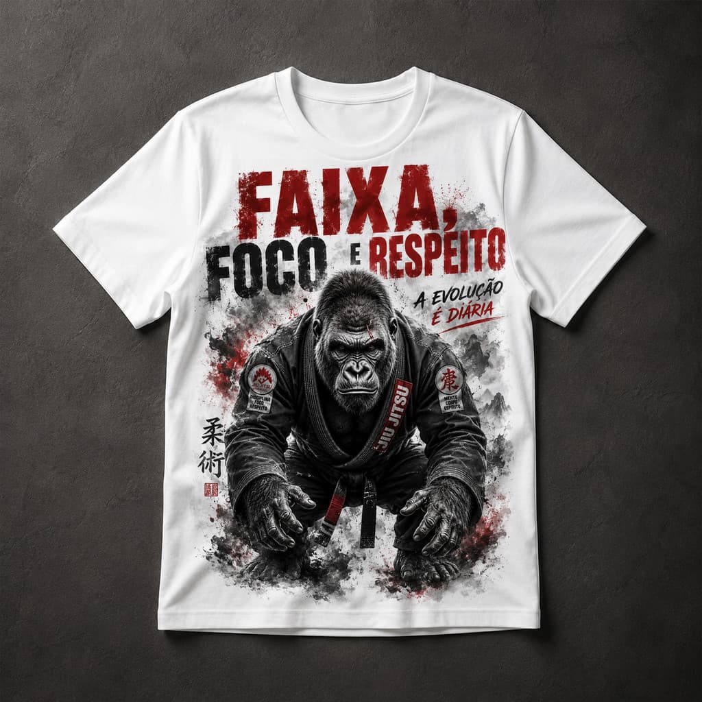 Camiseta Gorila Jiu-Jitsu Faixa Foco Respeito A Evolução é Diária Masculina