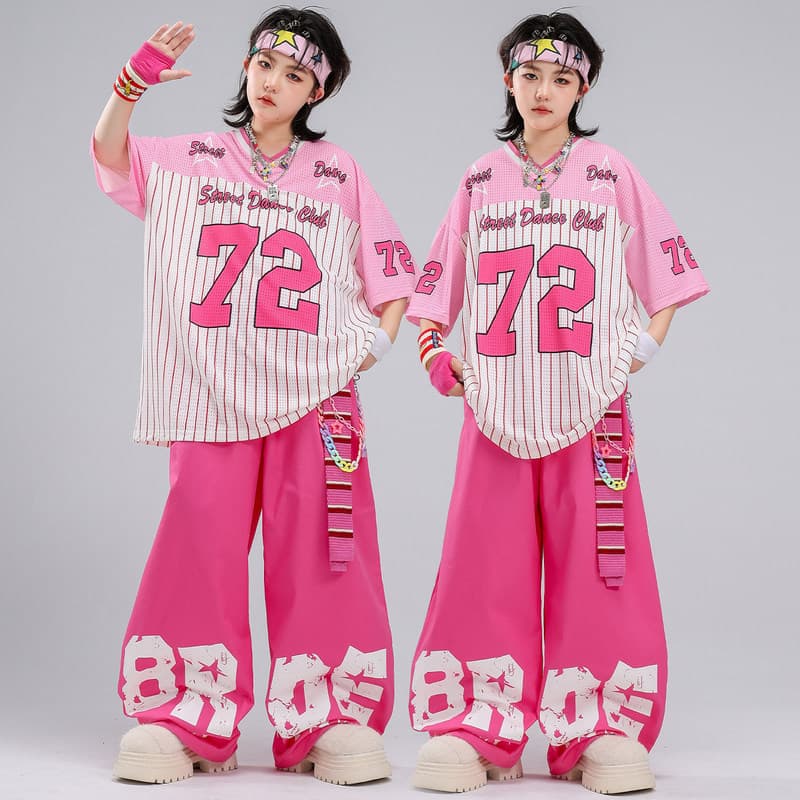 Meninos Hip-Hop trajes de dança de rua legal bonito crianças solto rosa listrado ternos de manga curta grandes crianças