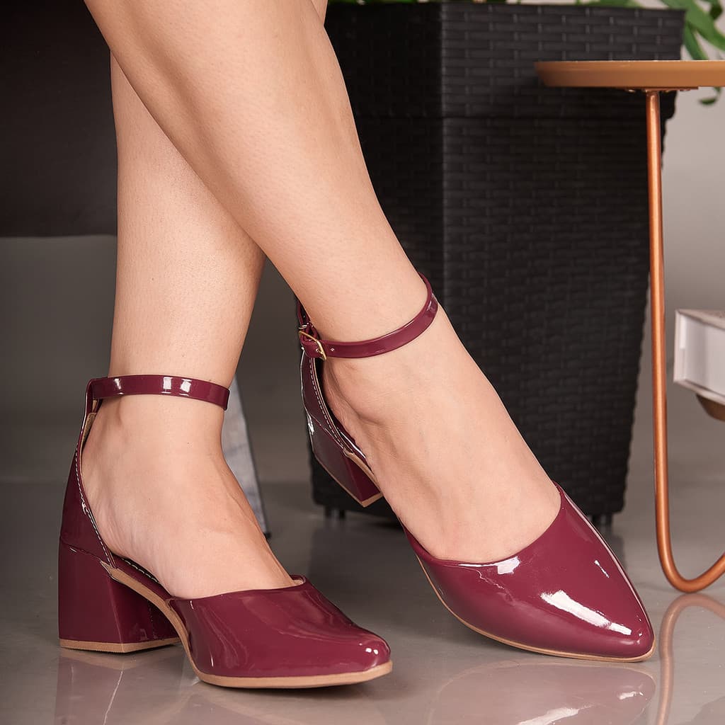 Slingback Scarpin Feminino Salto Bloco Elegante com Pulseira no Tornozelo Confortável