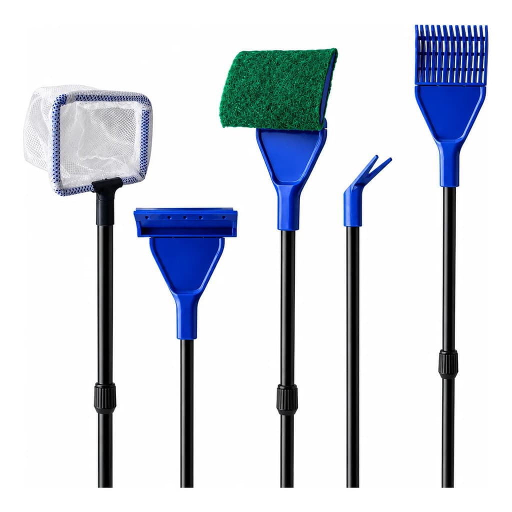 Kit limpeza Rede Esponja Limpador Garfo Plantas Cabo Raspador Vidro Aquário peixes Multiuso 5 Em 1