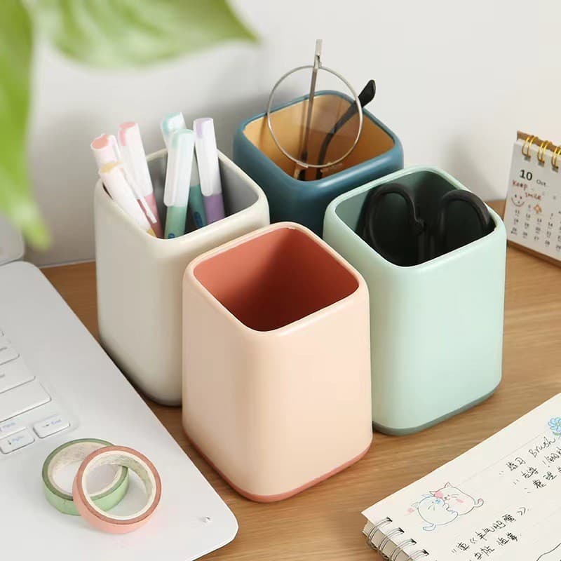 Porta-canetas bicolor com design em blocos, recipiente multifuncional para canetas, estojo de maquiagem para estudantes,