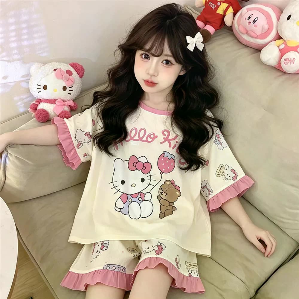 [JTZ] (muitos padrões disponíveis) Conjunto de pijamas de manga curta para meninas de verão, tecido de poliéster confort
