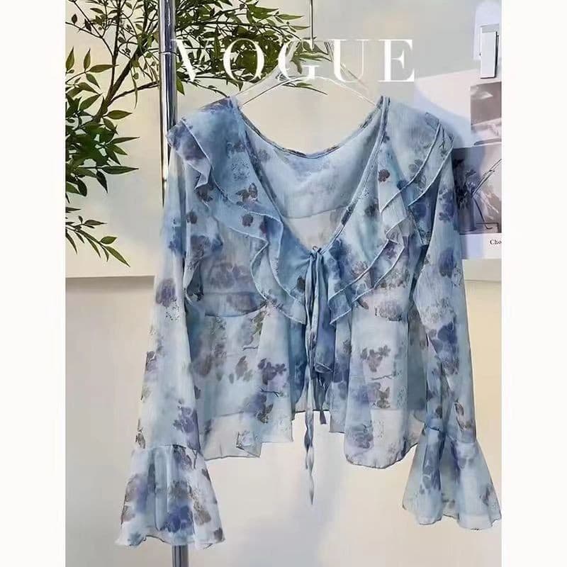 [JPJ] Jaqueta cardigã de chiffon com babados Super linda feminina, camisa de manga comprida de chiffon novo estilo de ve