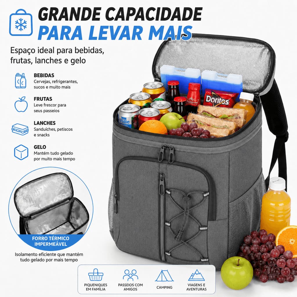 Mochila Térmica Camping 22L Resistente Impermeável para Trilhas Viagens e Aventuras