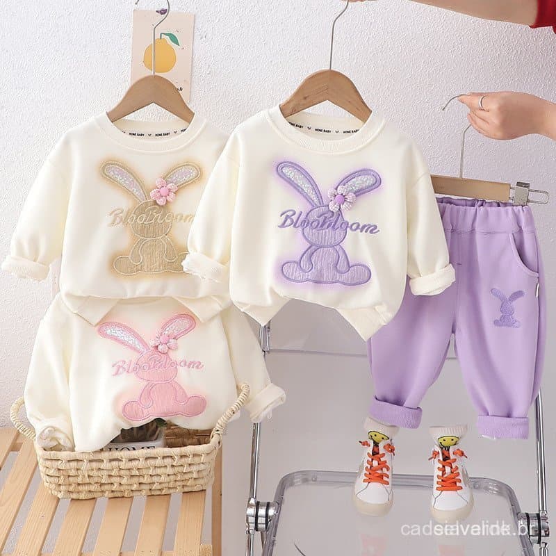 Fato de Manga Longa Moda Infantil, Fato de Primavera Outono Top+Trousers 2-Piece Suit,