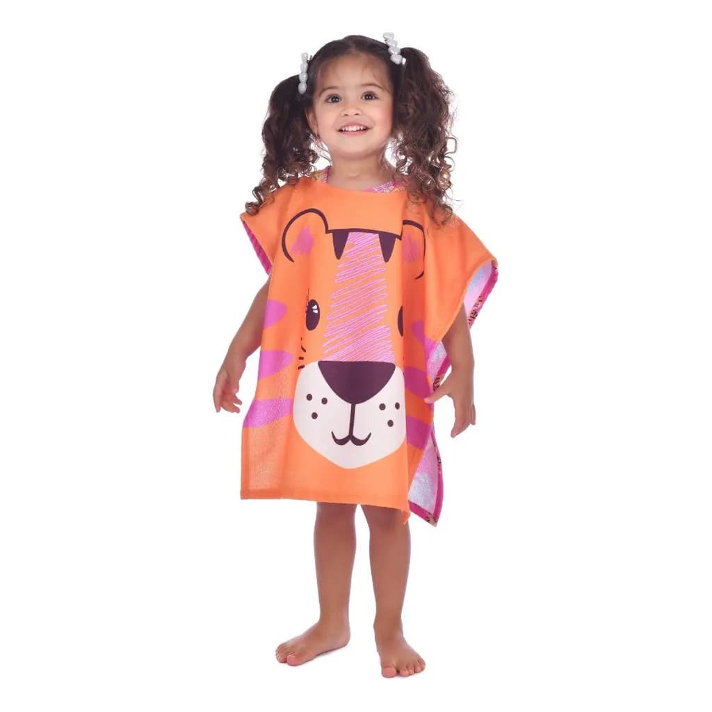 Toalha Poncho Bebê Atoalhado Roupão Praia E Piscina Gatinha Laranja Estampado