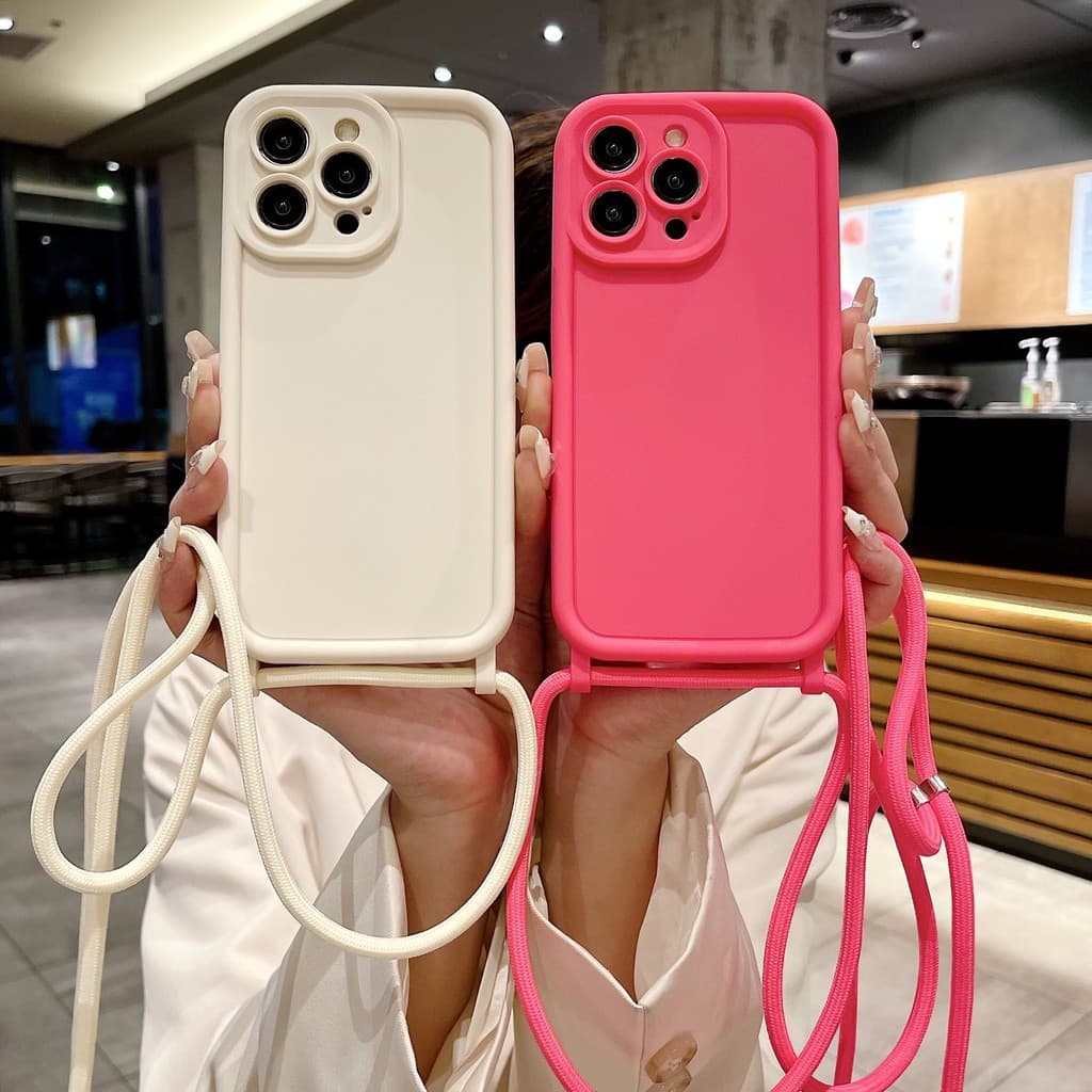 Capa de silicone macia para celular com alça transversal, adequada para iPhone 15 14 13 12 11 Pro Max, em cores delicada