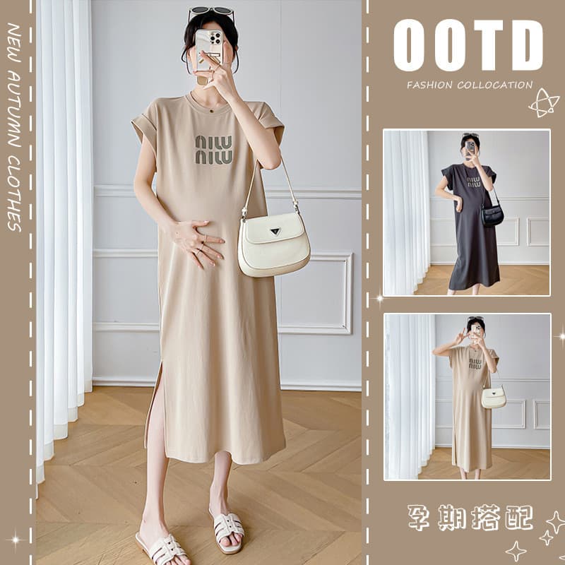 Vestido de verão para maternidade 2026 Novo estilo elegante estilo ocidental Casual capa solta barriga camiseta saia lon